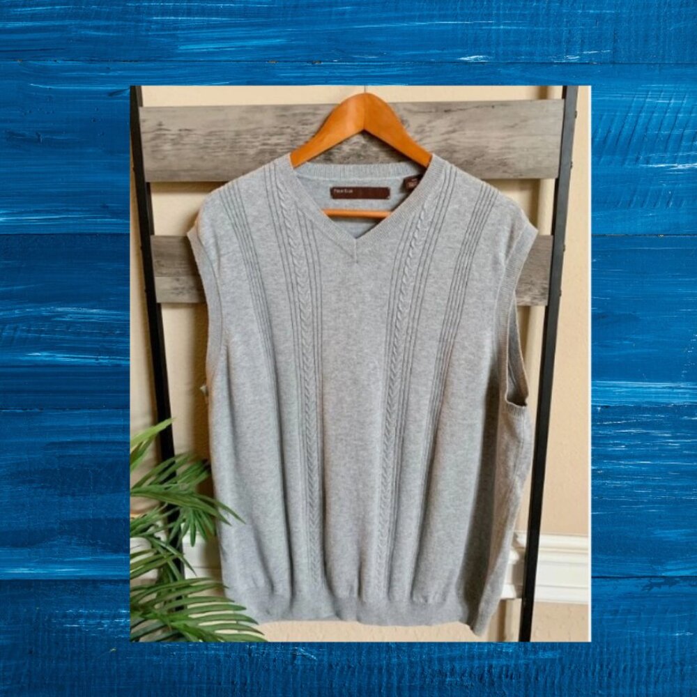 Perry Ellis Mens V-Neck Grey Pullover Sweater Vest Cable Knit Rayon Blend XXL